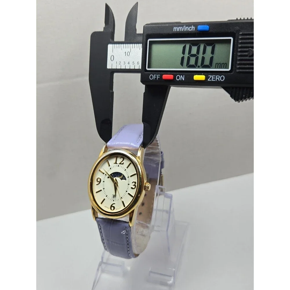 Womens Vintage Avon Moon Phase Date Womens Gold Tone Leather Watch New Battery